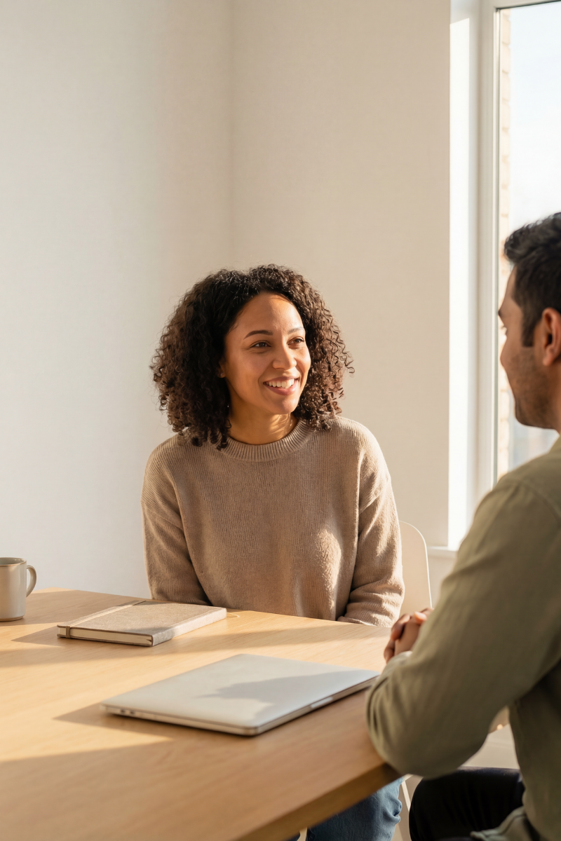 Co-workers collaborating and smiling at a table, showcasing a positive corporate culture free from burnout.