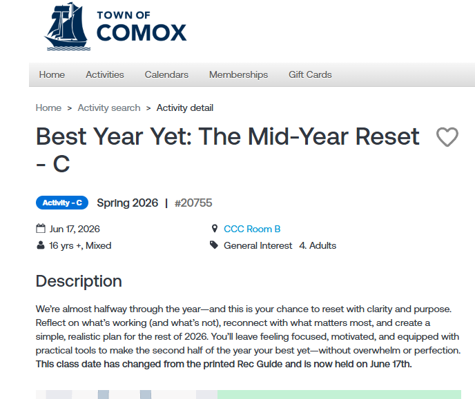 Comox Rec Centre guide excerpt featuring Linda Bartholme’s Best Year Yet Mid-Year Reset workshop details.
