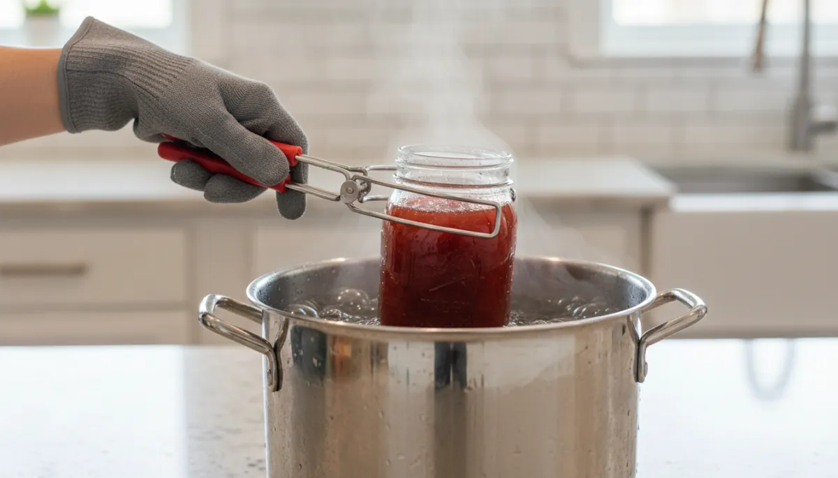 Using a jar lifter to remove a hot canning jar from boiling water