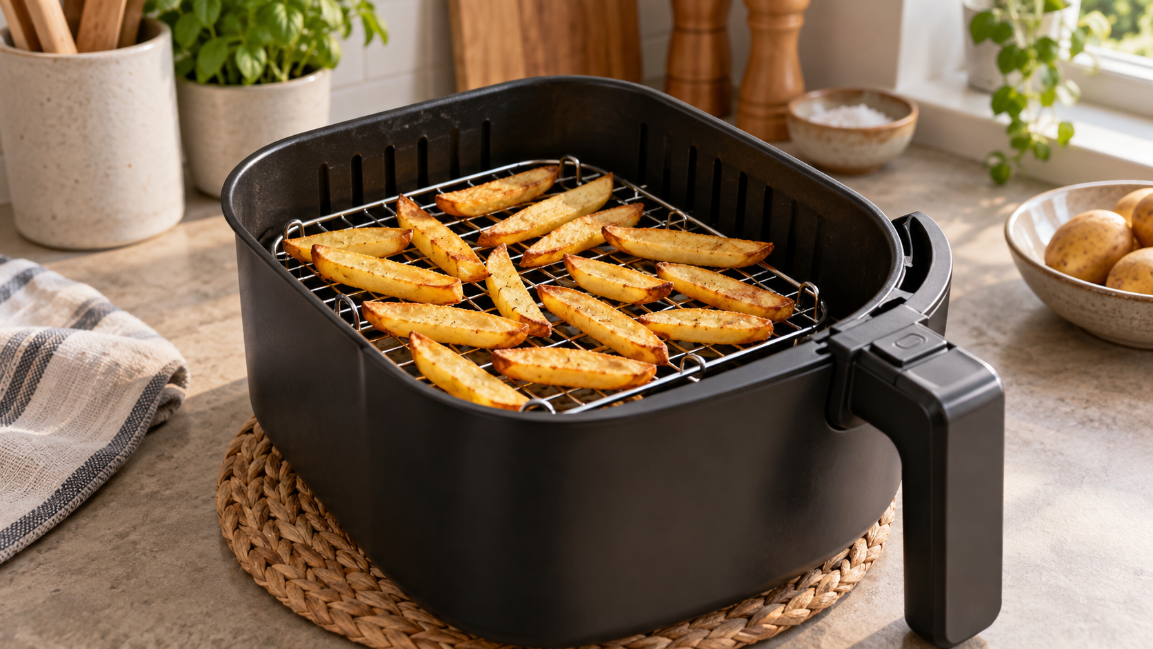 Air fryer basket with a rack insert holding evenly spaced fries