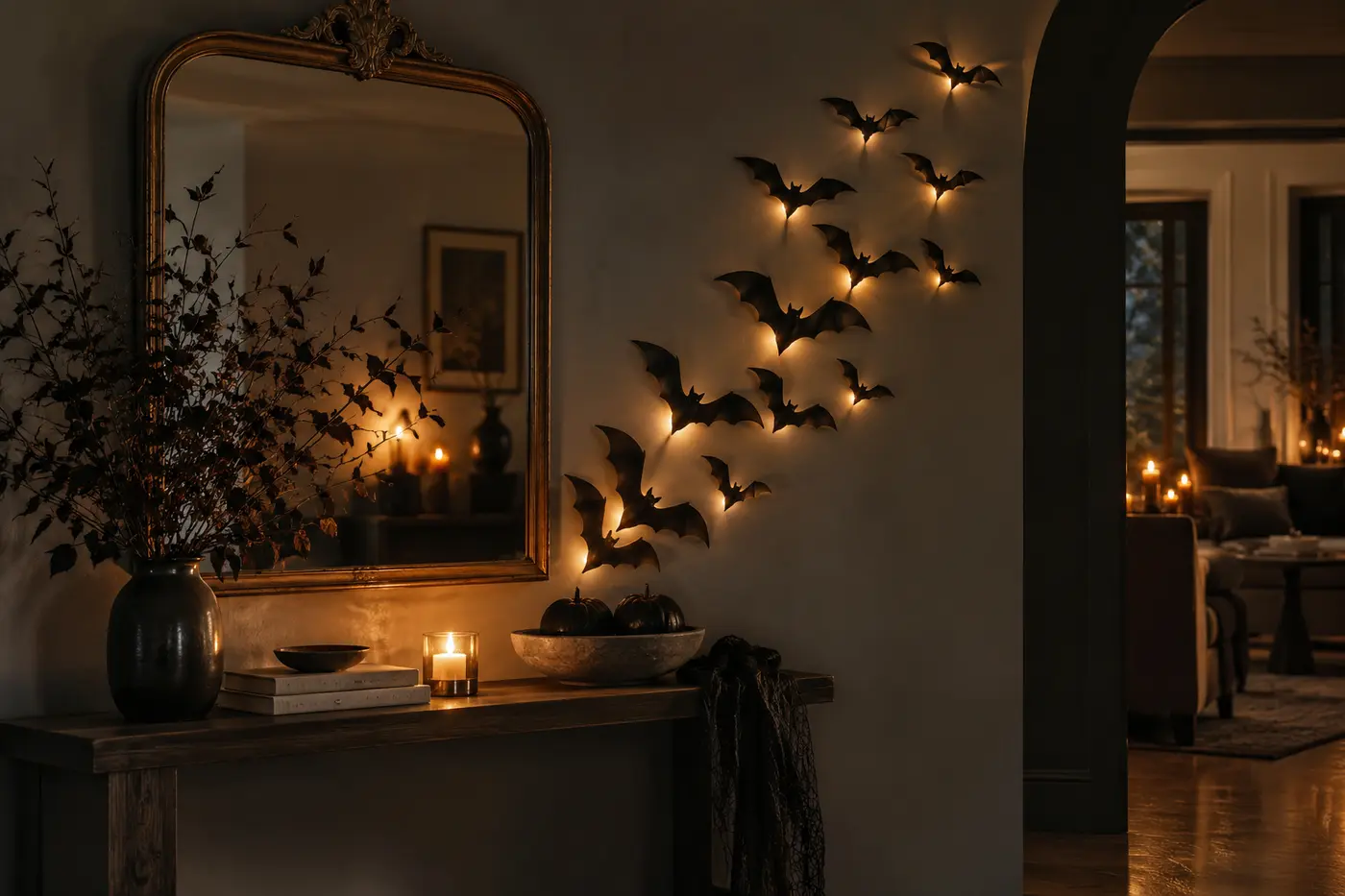 Lighted black bats arranged as an intentional Halloween wall display Lighted black bats arranged as an intentional Halloween wall display