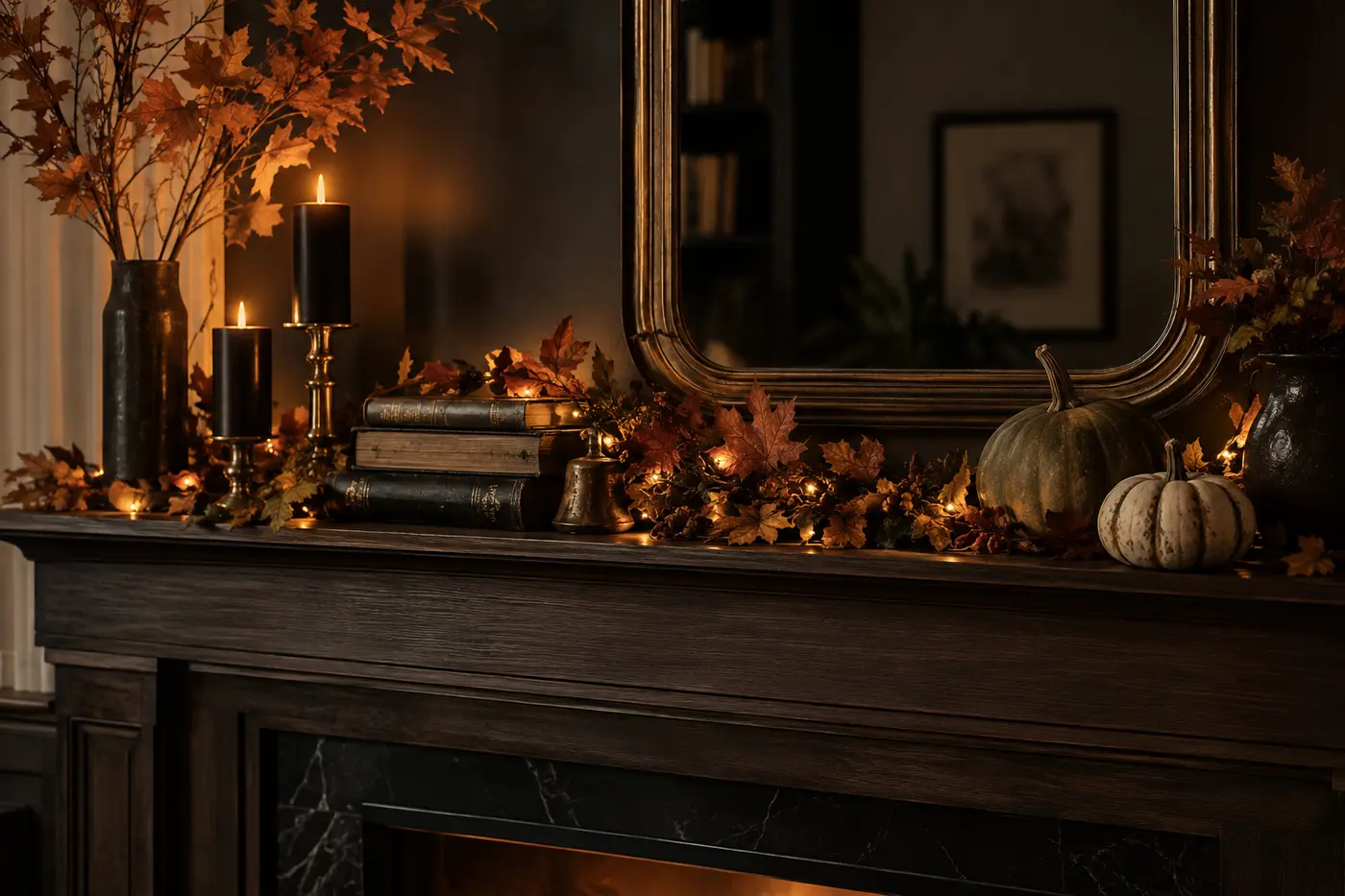 Lighted fall garland layered across a moody Halloween mantel Lighted fall garland layered across a moody Halloween mantel