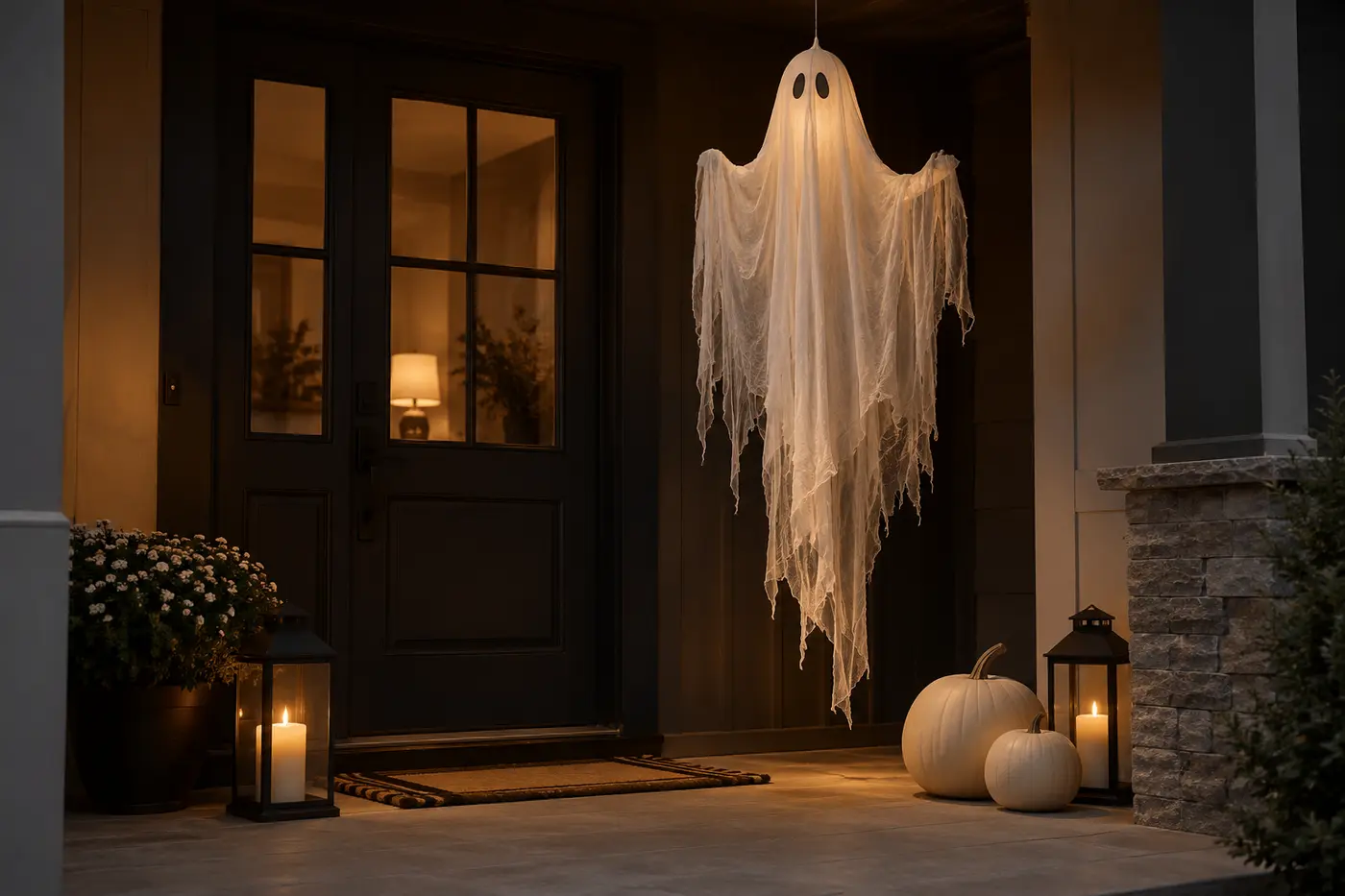 Large hanging ghost styled as an elegant Halloween entry focal point Large hanging ghost styled as an elegant Halloween entry focal point