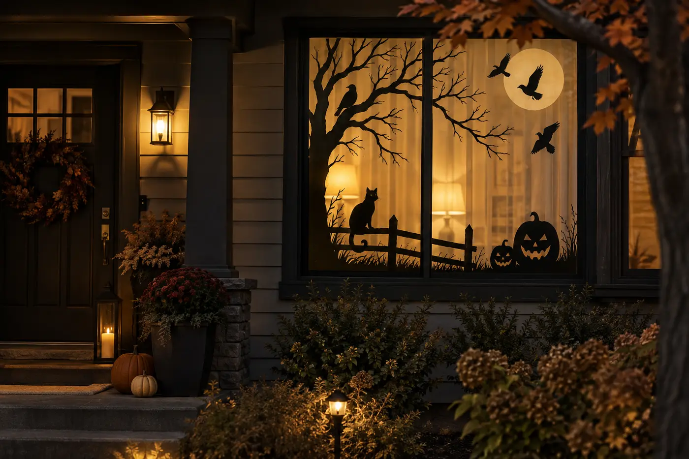 Halloween window decals grouped into one illuminated window scene Halloween window decals grouped into one illuminated window scene