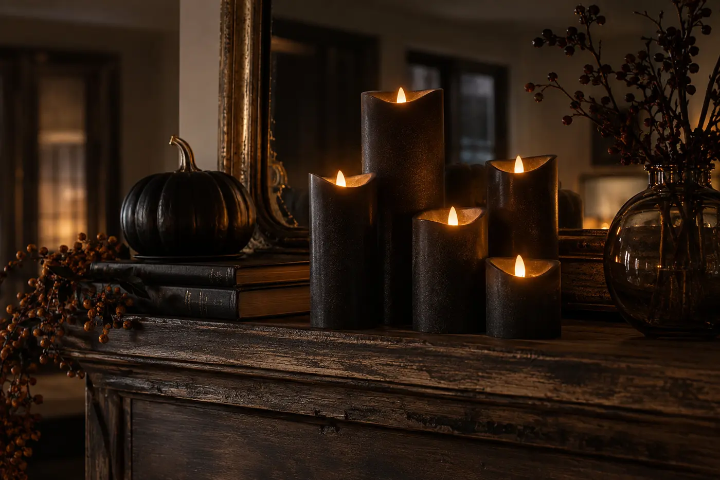 Black flameless candles grouped at varied heights for moody Halloween lighting Black flameless candles grouped at varied heights for moody Halloween lighting