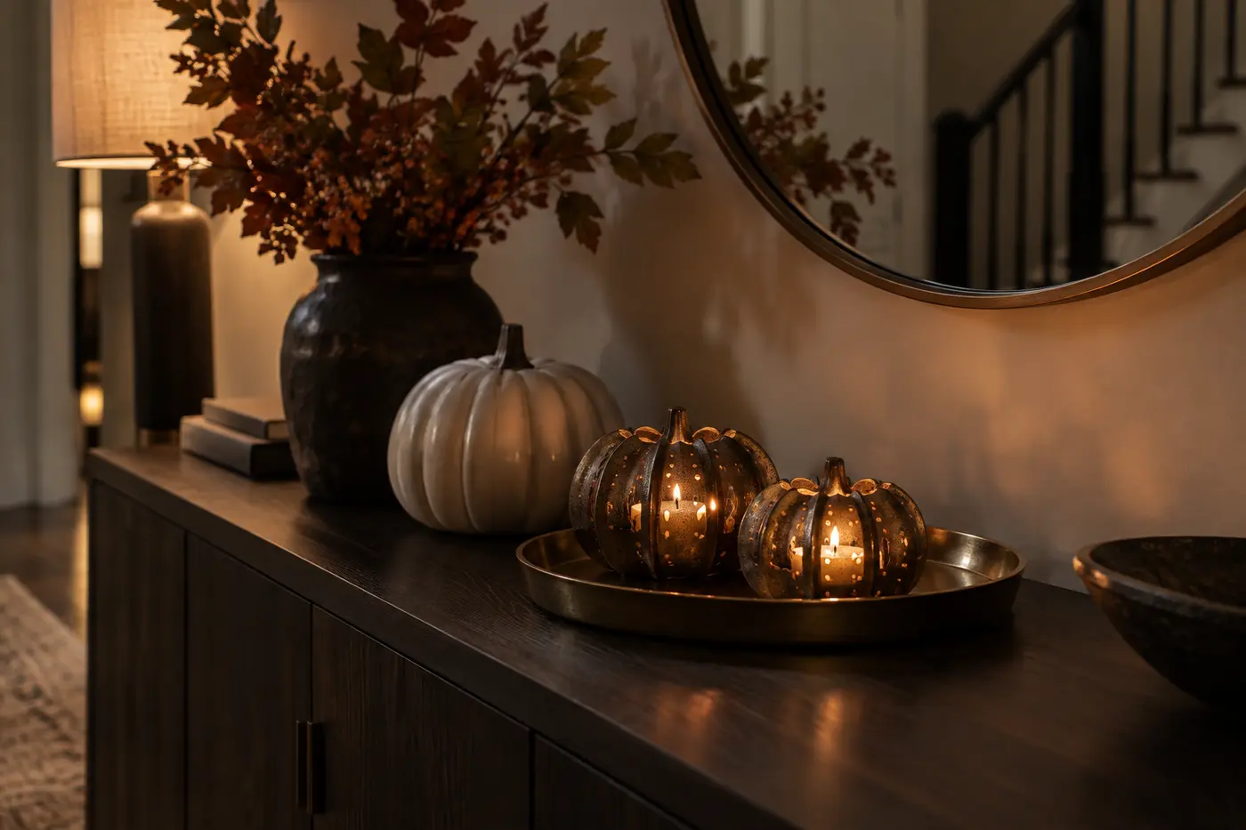 Pumpkin tealight holders grouped on a brass tray for refined fall styling Pumpkin tealight holders grouped on a brass tray for refined fall styling