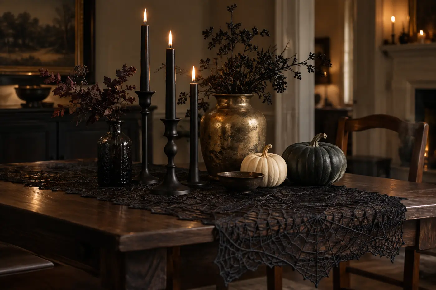Black lace spiderweb table runner styled with candles and muted pumpkins Black lace spiderweb table runner styled with candles and muted pumpkins