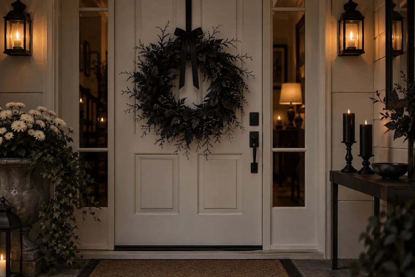 Black gothic Halloween wreath styled on a neutral front door Black gothic Halloween wreath styled on a neutral front door