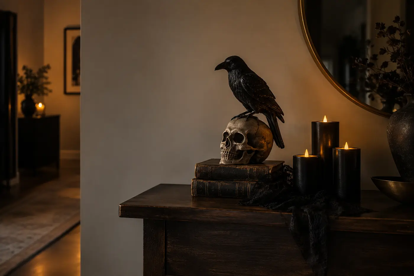 Raven-on-skull figurine styled with black candles, dark books and lace Raven-on-skull figurine styled with black candles, dark books and lace