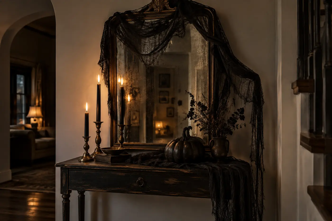 Black creepy cloth draped unevenly around an antique mirror Black creepy cloth draped unevenly around an antique mirror