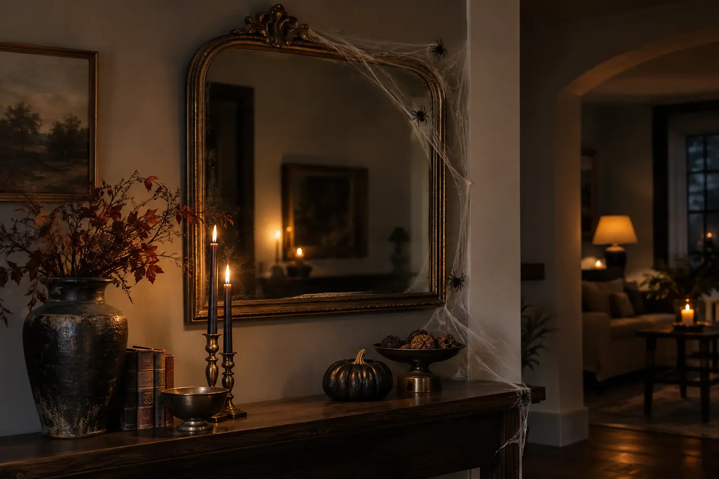 Thin artificial spiderweb strands styled sparingly around a vintage mirror Thin artificial spiderweb strands styled sparingly around a vintage mirror