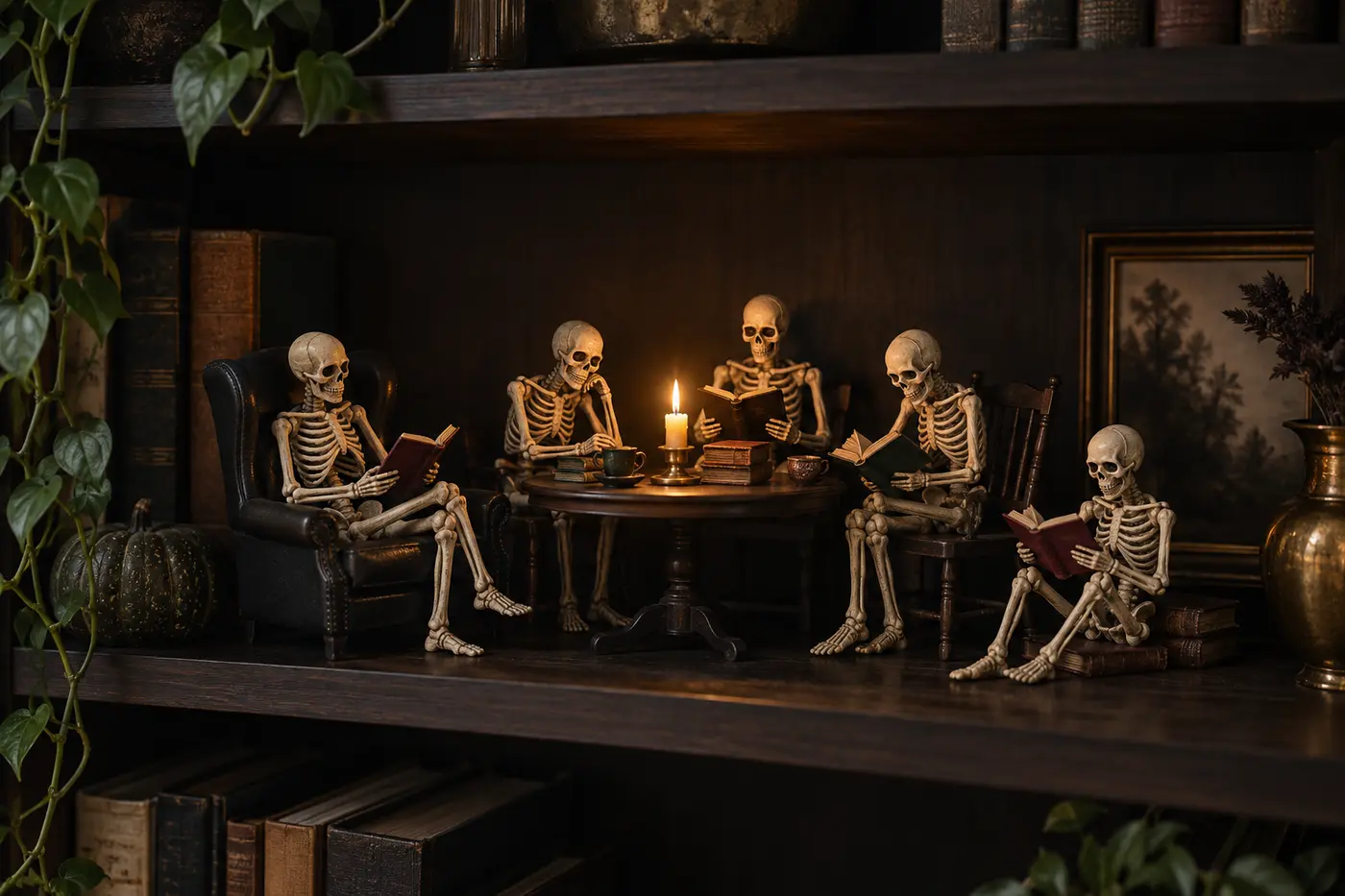Small poseable skeletons arranged as a contained bookshelf reading scene Small poseable skeletons arranged as a contained bookshelf reading scene