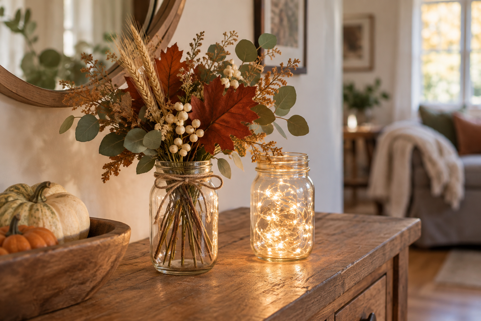 Two cozy fall mason jar ideas: a jar filled with muted autumn stems and a clear jar softly glowing with warm fairy lights