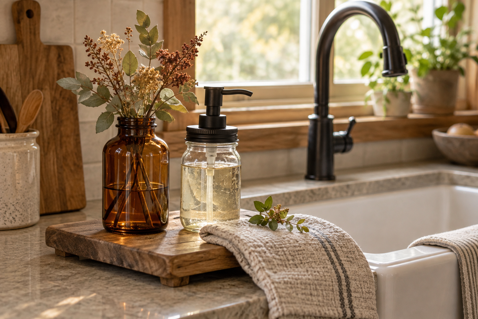 Amber mason-style decorative jar beside a practical mason jar soap dispenser in a cozy fall kitchen