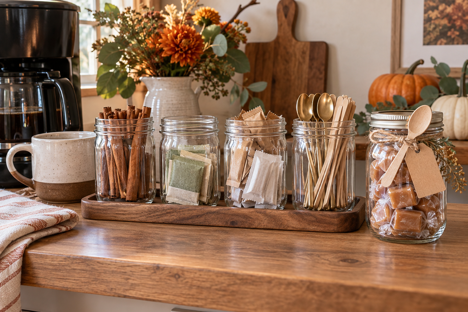 Organized fall coffee bar with mason jars and a thoughtful hostess gift packaged in a mason jar