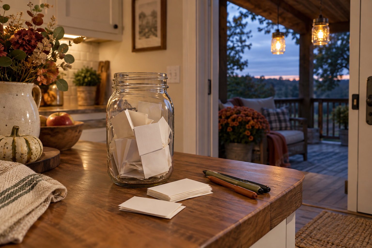 Simple fall gratitude jar with handwritten notes and warm solar mason jar lights on a covered porch