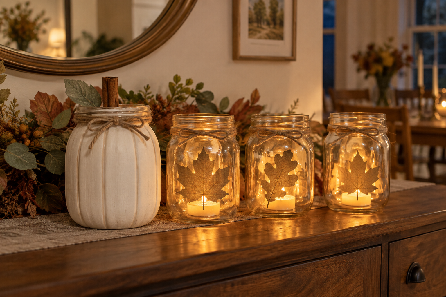 Painted pumpkin mason jar beside leaf silhouette mason jar luminaries in neutral fall colors