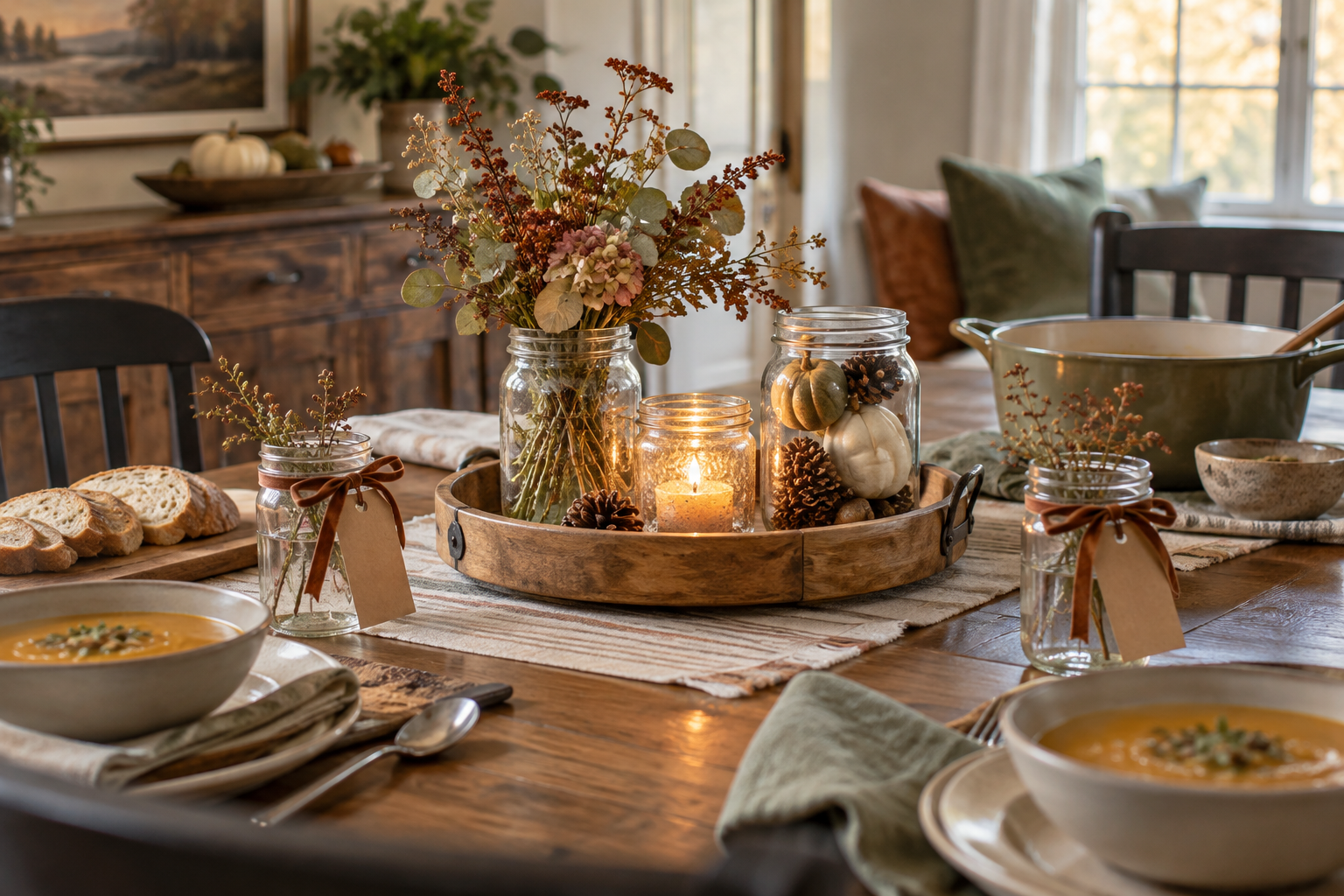 Movable fall mason jar centerpiece on a wooden tray with simple mason jar place settings