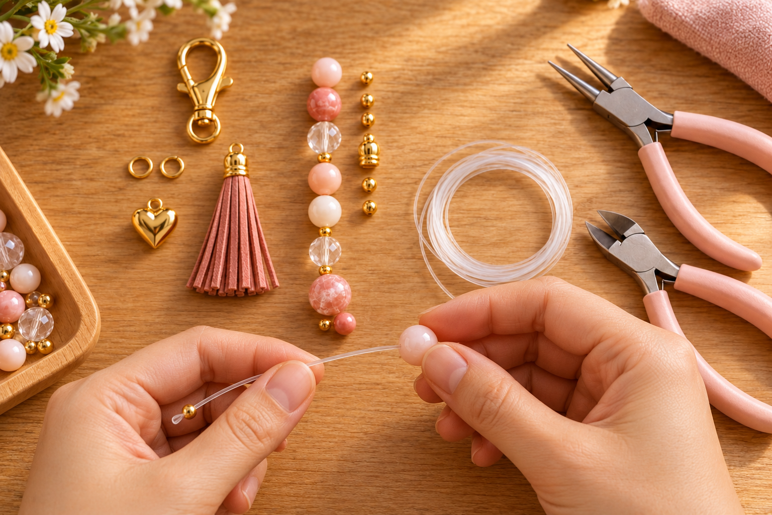 Threading the first bead onto clear cord for a bag charm