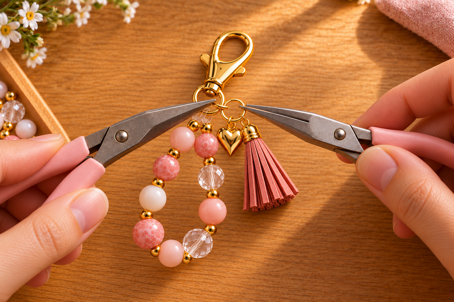 Attaching the gold heart charm and pink tassel with pliers