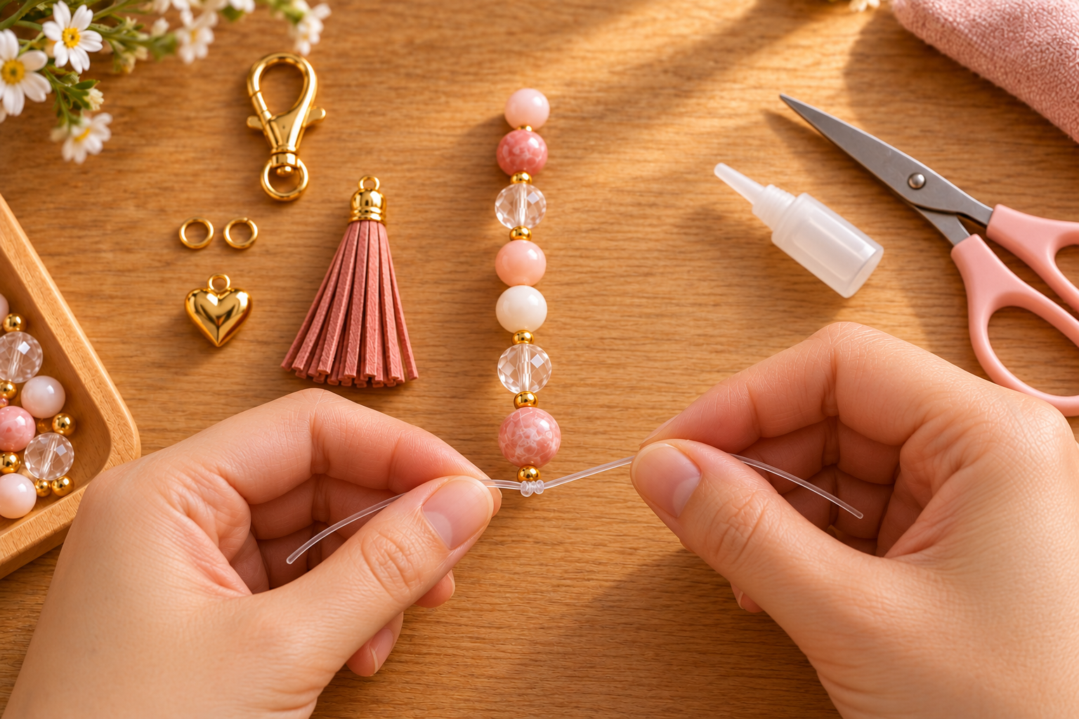 Securing the completed beaded strand with a double knot
