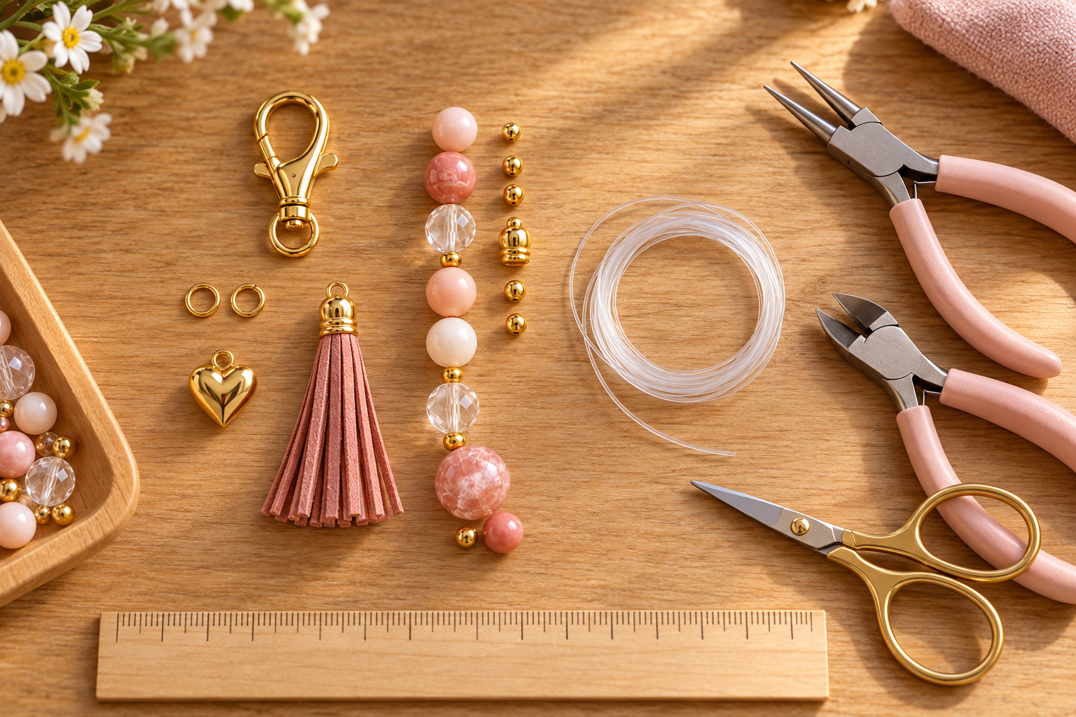Bag charm supplies arranged before assembly