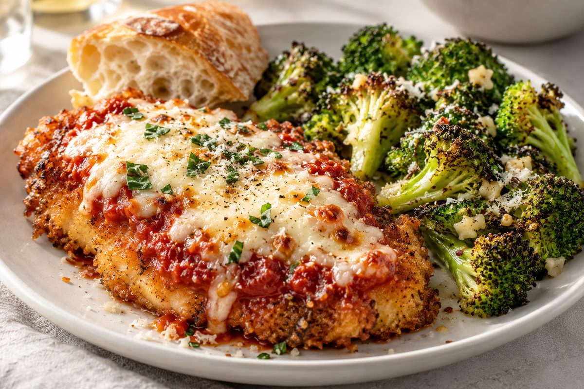 Crispy chicken Parmesan with melted mozzarella next to garlic Parmesan broccoli and crusty bread
