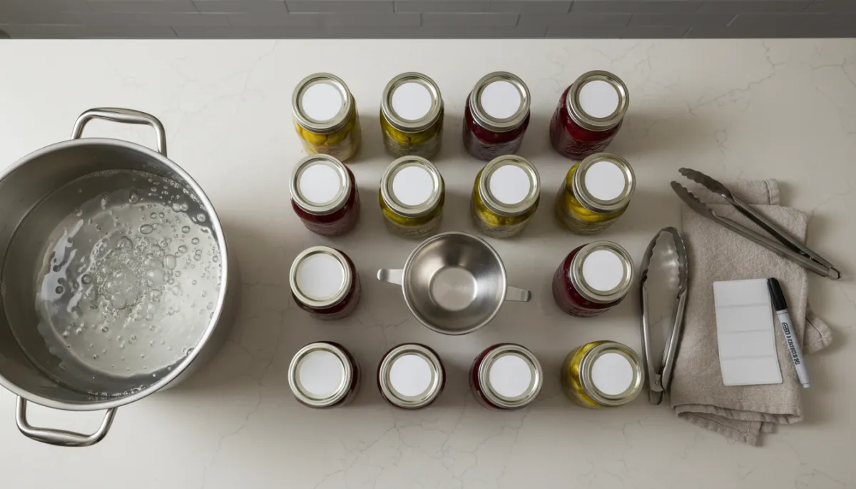professional overhead view of a calm home kitchen canning setup with a water bath canner, neatly arranged jars, funnel, jar lifter, towels, and labels on a neutral-toned countertop, soft natural light, minimal clutter