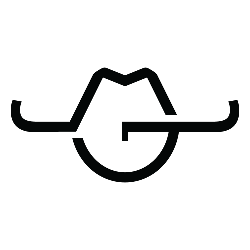 JIM — the Hangman Hats branding-iron mark (two J's and an M forming a head/face)