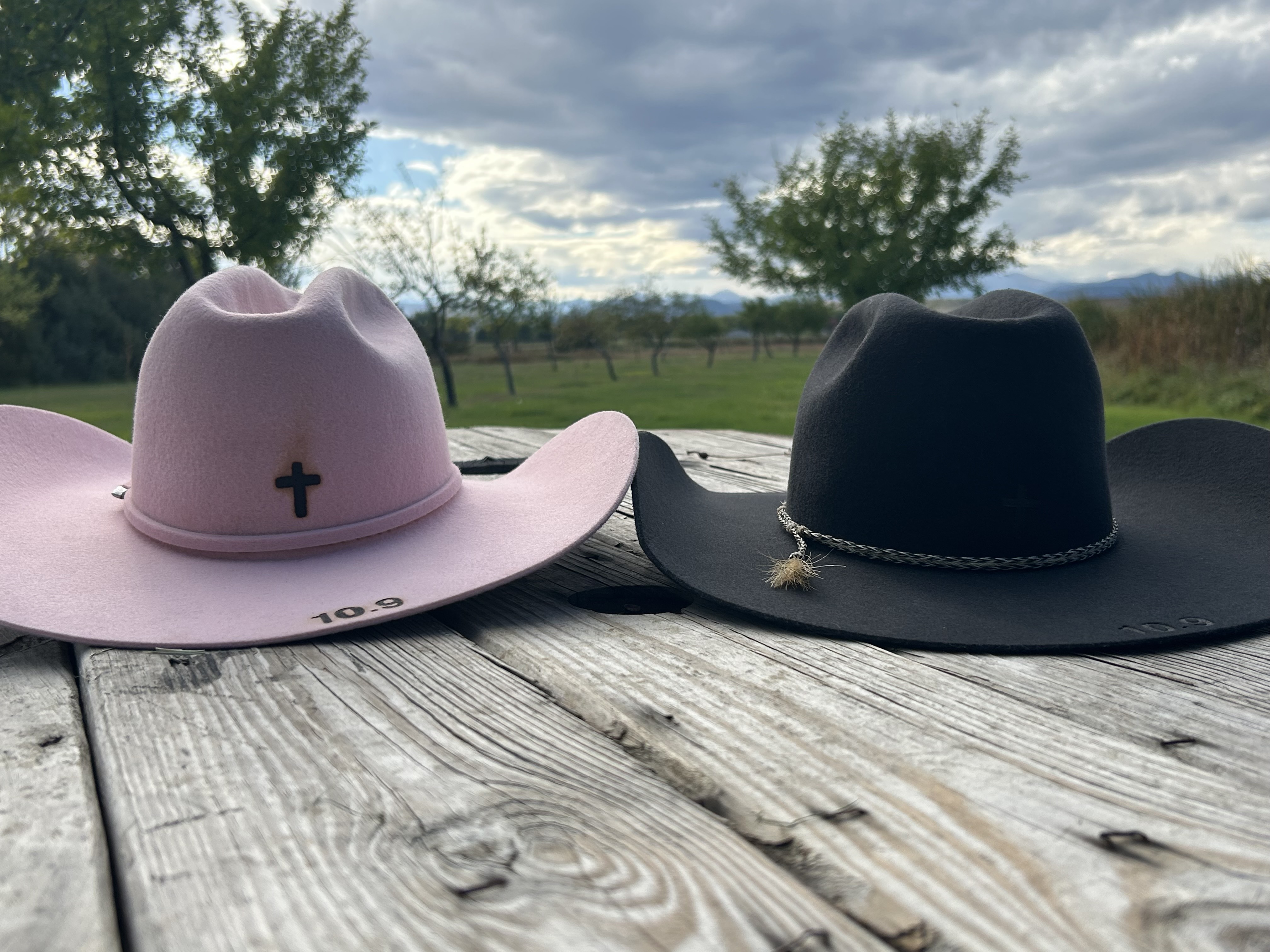 Two wedding hats resting on a rail