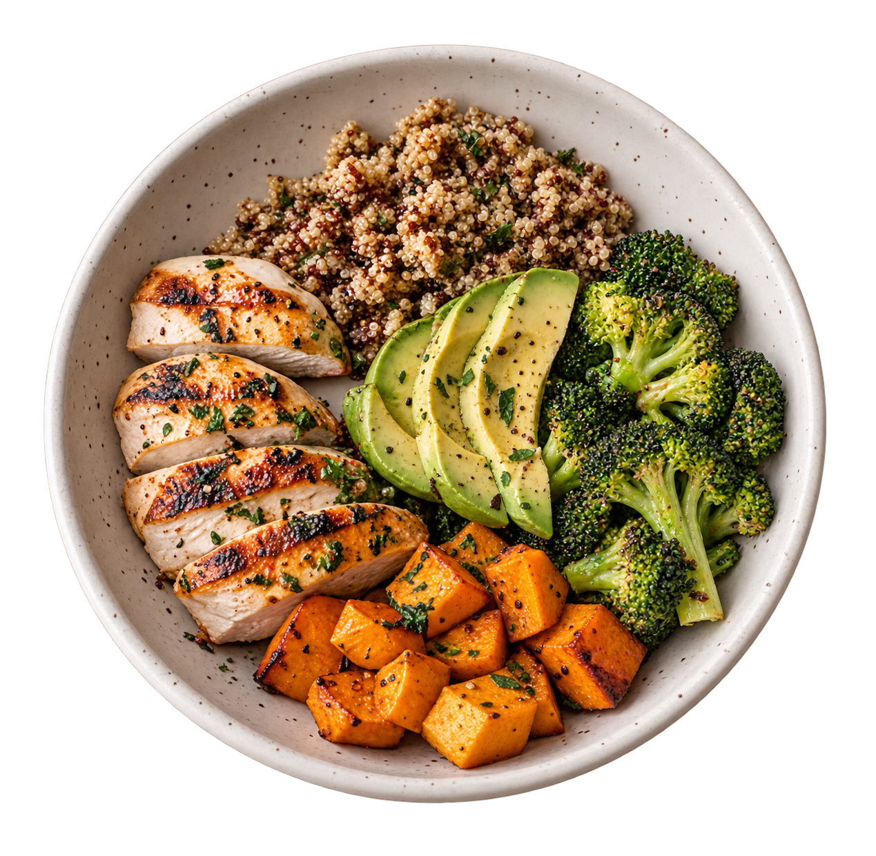Balanced meal with chicken, vegetables, and grains