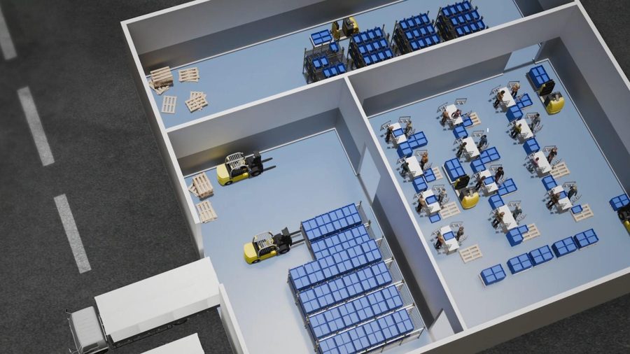 Vista 3D de un almacén automatizado de Singular Logistics