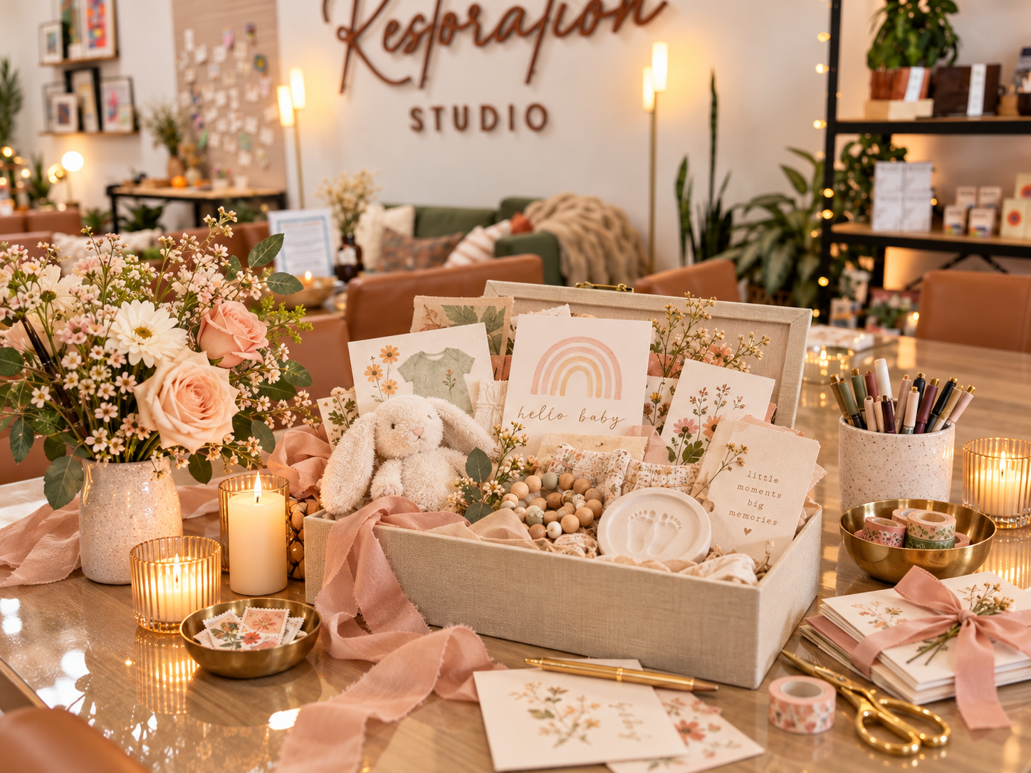 An open wooden heirloom box filled with handmade keepsakes, cards and ribbon