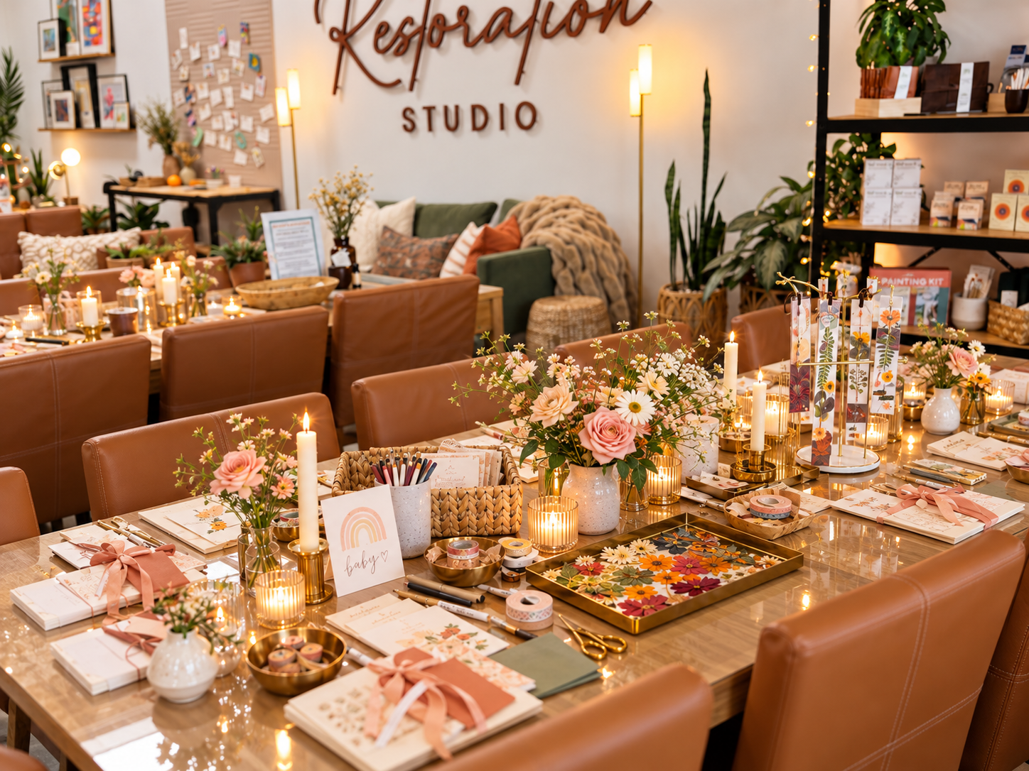 A studio table set with watercolor botanical cards, ribbon, thread spools and an embroidery hoop