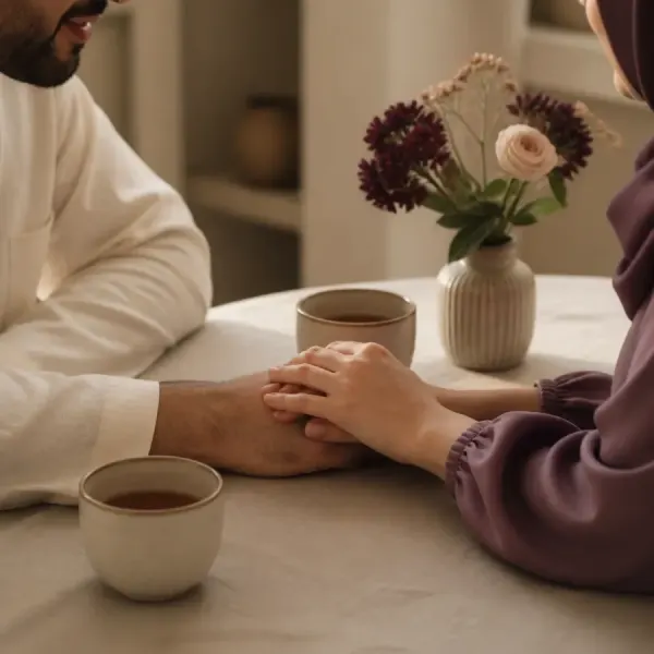يدان متشابكتان على طاولة بجانب فنجانين، صورة تعبيرية