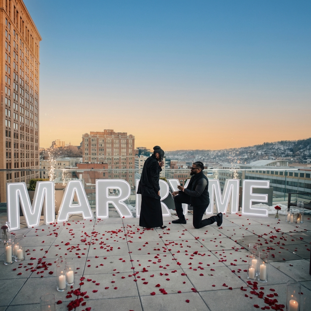 Couple with marquee letters and floral backdrop