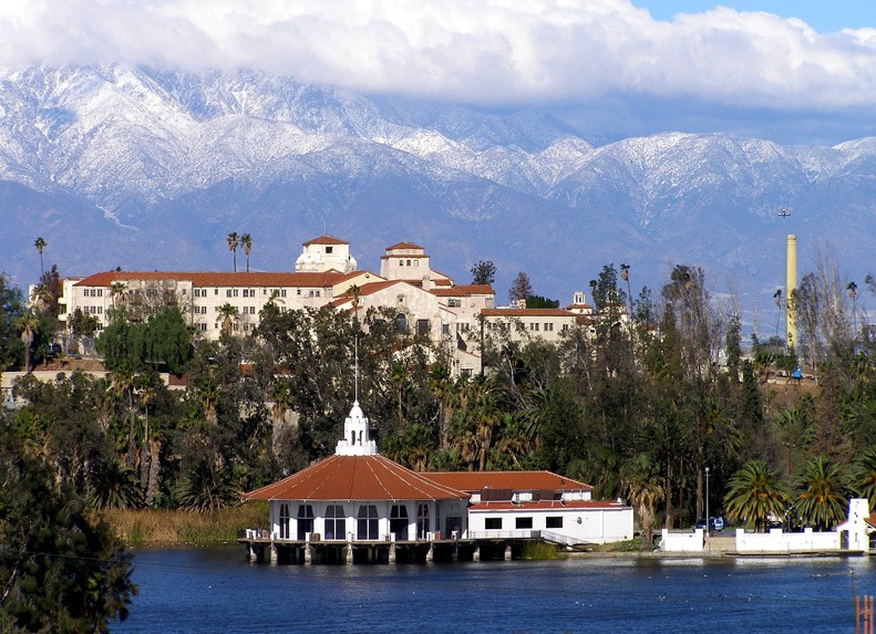 Lake Norconian Club pavilion in Norco, California — historic resort landmark overlooking the man-made Lake Norconian
