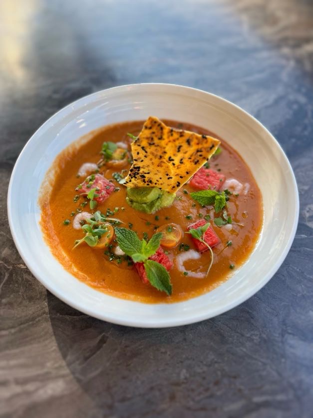 Chilled Gazpacho with Avocado & Baby Shrimp at Et Voilà French Bistro