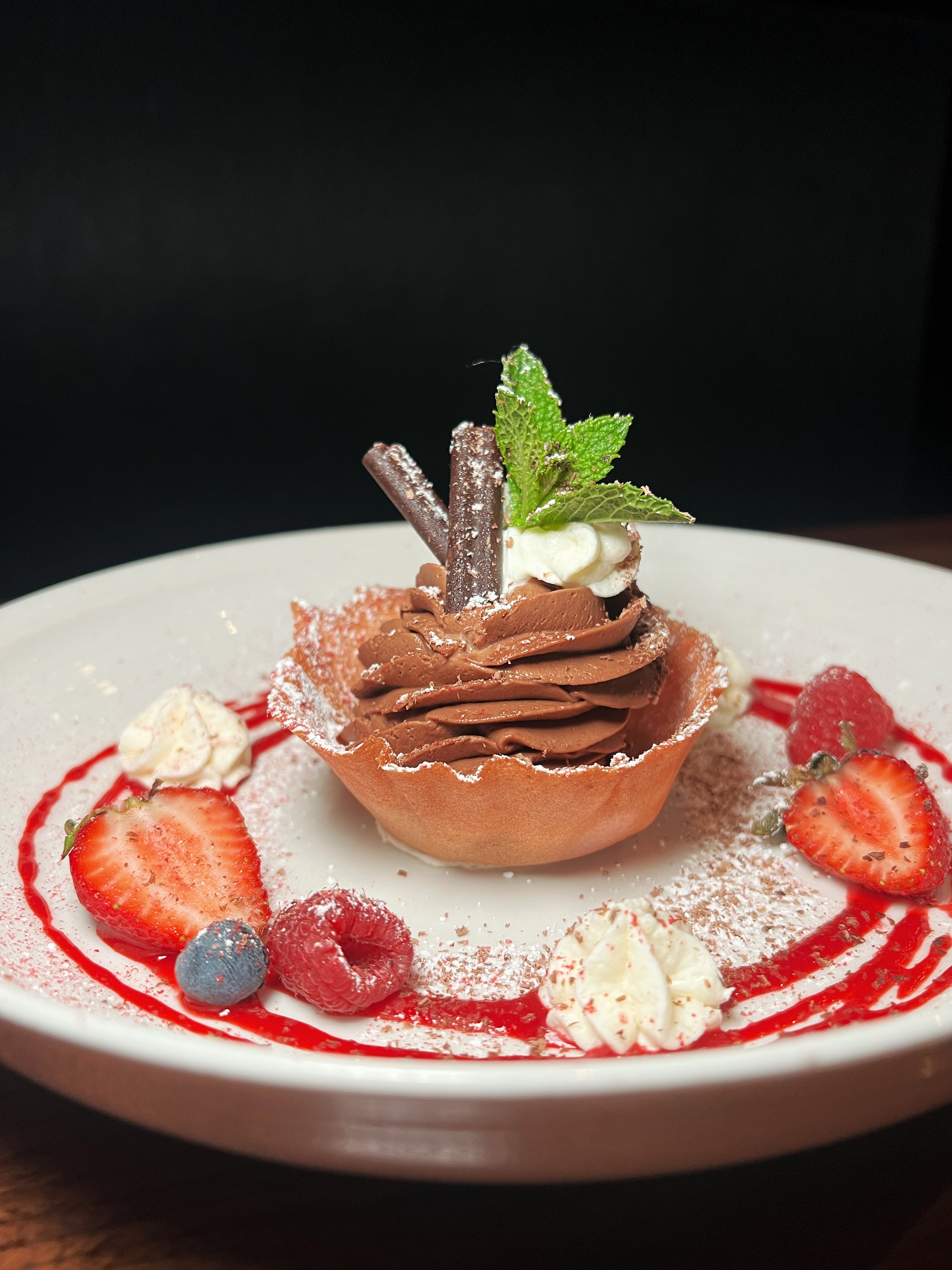 Chocolate Mousse in Crisp Tuile Basket at Et Voilà French Bistro