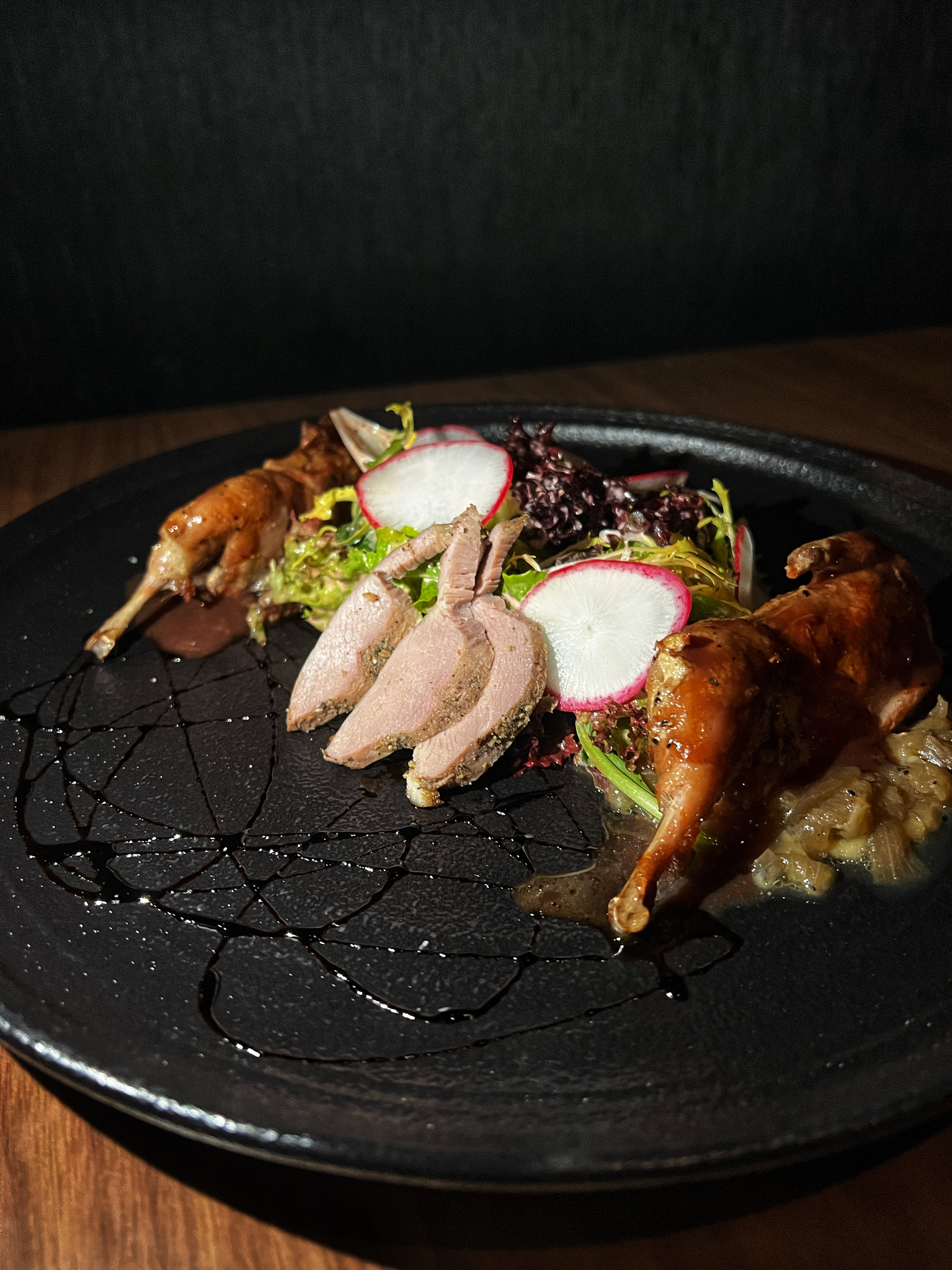 Roasted Quail with Roasted Figs & Frisée at Et Voilà French Bistro