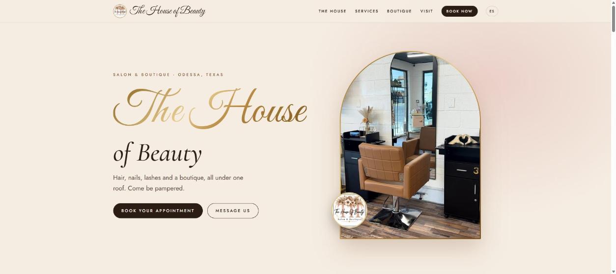 Website design for a salon and boutique with cream and gold styling