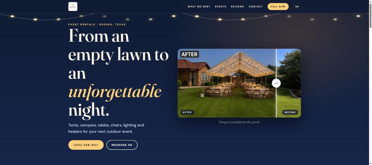 Website design for an event rental company with a draggable before and after hero