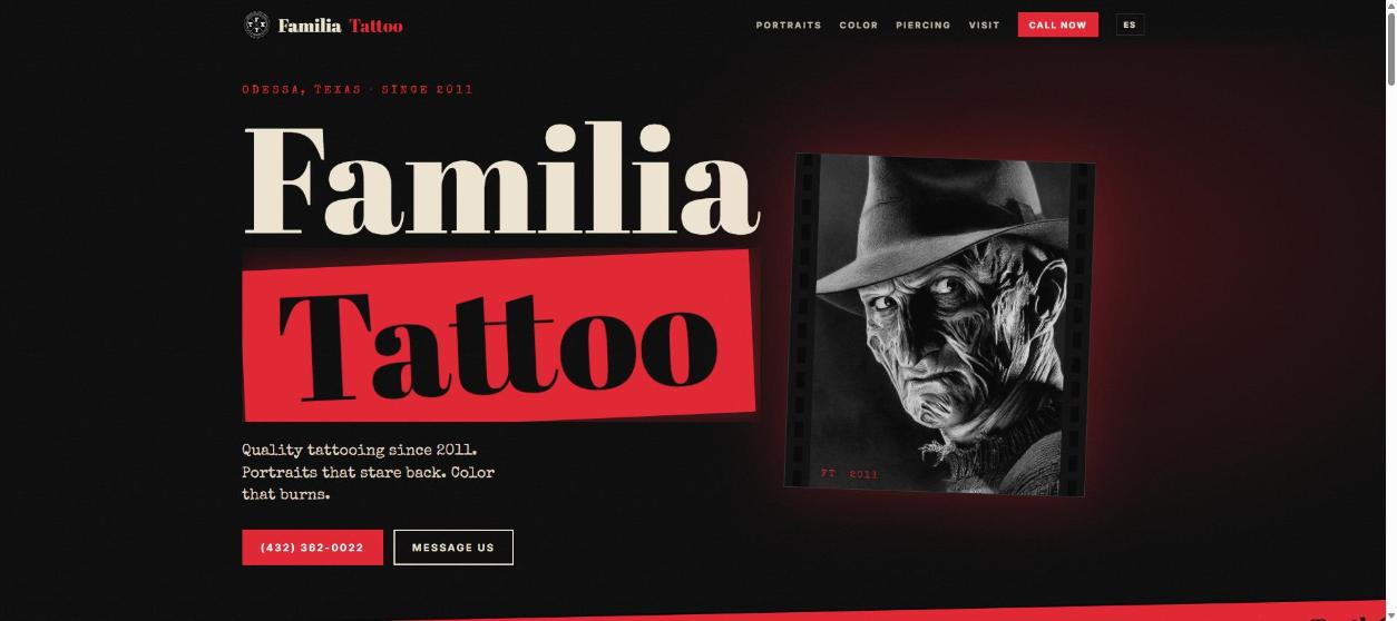 Website design for a tattoo and piercing shop with red horror poster styling