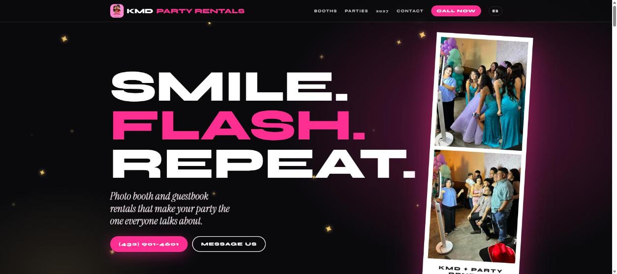 Website design for a photo booth and party rental company in hot pink and black