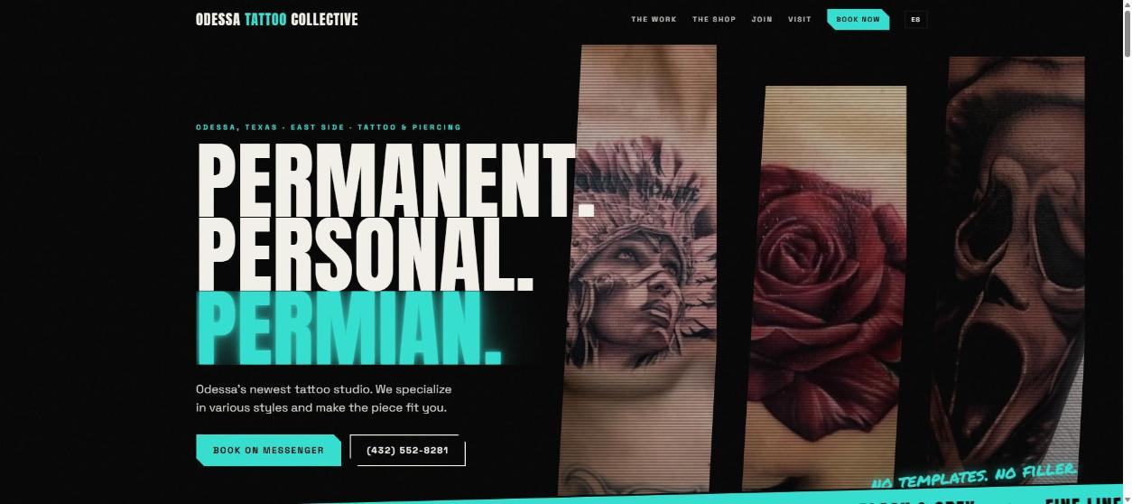 Website design for a tattoo studio with bold black and teal styling