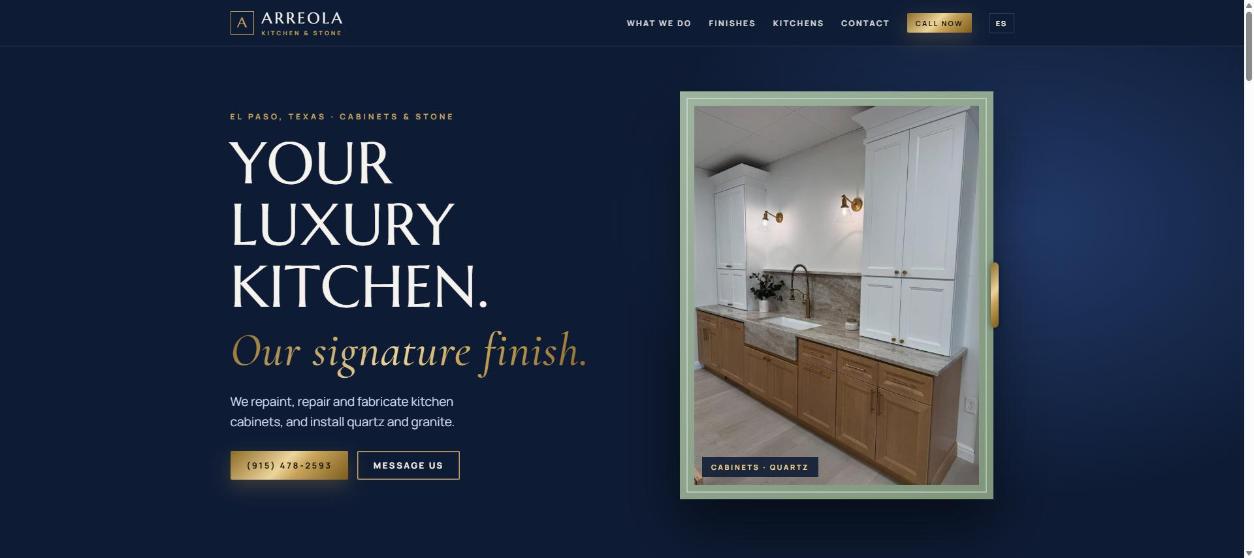 Website design for a kitchen cabinet and stone company with navy and gold styling