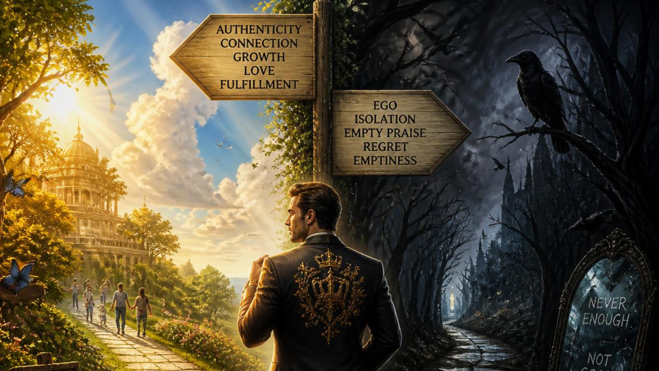 "Man at crossroads fork choosing between authenticity, connection, growth and love versus ego, isolation, regret and emptiness, representing whether narcissists can change and choose the healthy path "Man at crossroads fork choosing between authenticity, connection, growth and love versus ego, isolation, regret and emptiness, representing whether narcissists can change and choose the healthy path