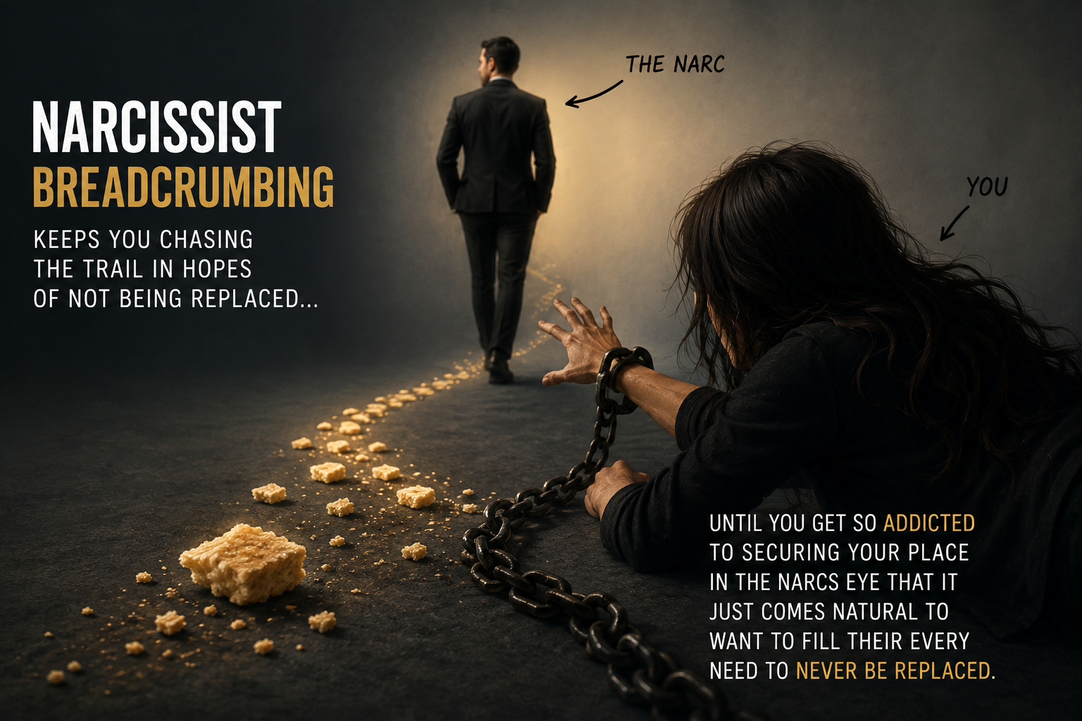 Narcissist breadcrumbing keeps you chasing the trail in hopes of not being replaced, until you get so addicted to securing your place in the narcs eye that it just comes natural to want to fill their every need to never be replaced. Narcissist breadcrumbing keeps you chasing the trail in hopes of not being replaced, until you get so addicted to securing your place in the narcs eye that it just comes natural to want to fill their every need to never be replaced.