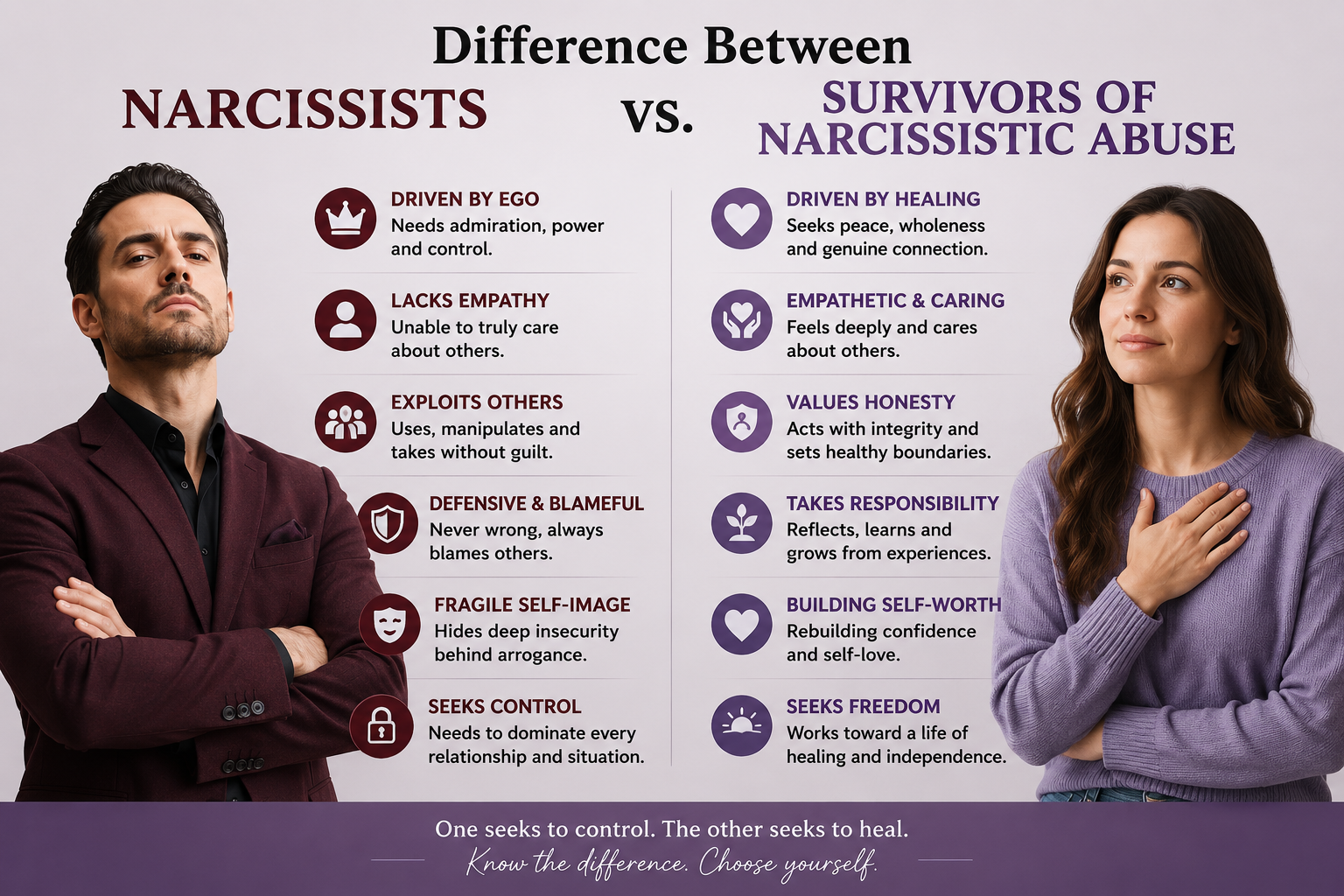 nfographic comparing narcissists versus survivors of narcissistic abuse, showing key differences: narcissists driven by ego lacking empathy, survivors driven by healing and genuine connection, demonstrating the contrast between control-seeking and freedom-seeking behavior