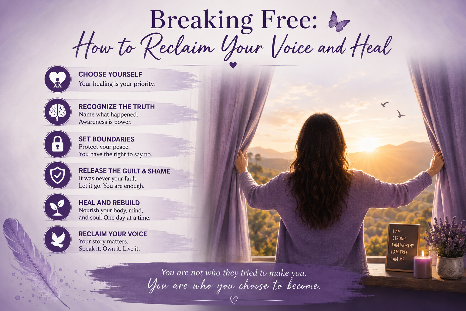 Infographic showing recovery steps to break free and reclaim voice: choose yourself, recognize the truth, set boundaries, release guilt and shame, heal and rebuild, reclaim your voice—empowering survivors to healing and freedom after narcissistic abuse Infographic showing recovery steps to break free and reclaim voice: choose yourself, recognize the truth, set boundaries, release guilt and shame, heal and rebuild, reclaim your voice—empowering survivors to healing and freedom after narcissistic abuse